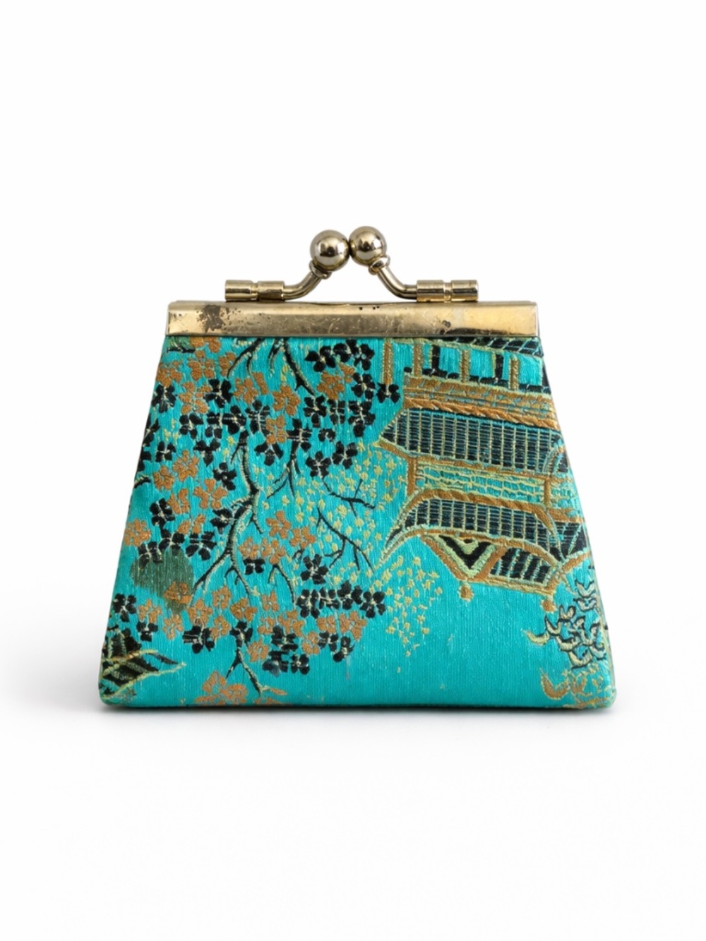 4/$20➡️ Turquoise & Gold Asian Inspired Brocade Kiss-Lock Coin Purse – OS EUC